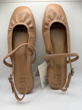 Women's Tan Square-Toe Vada Flats with Ankle Strap